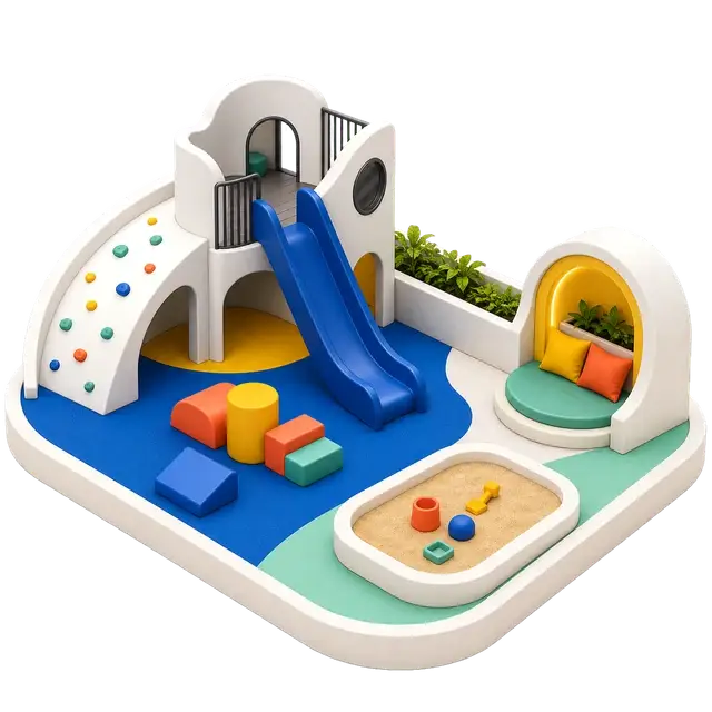 Isometric children's play area with slides, climbing elements, soft ground and family seating
