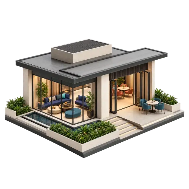 Isometric clubhouse pavilion with lounge seating, gathering space and landscaped edges