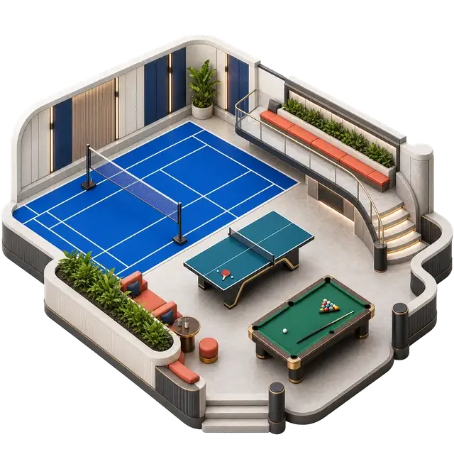 Isometric indoor recreation room with court markings, table games and spectator seating