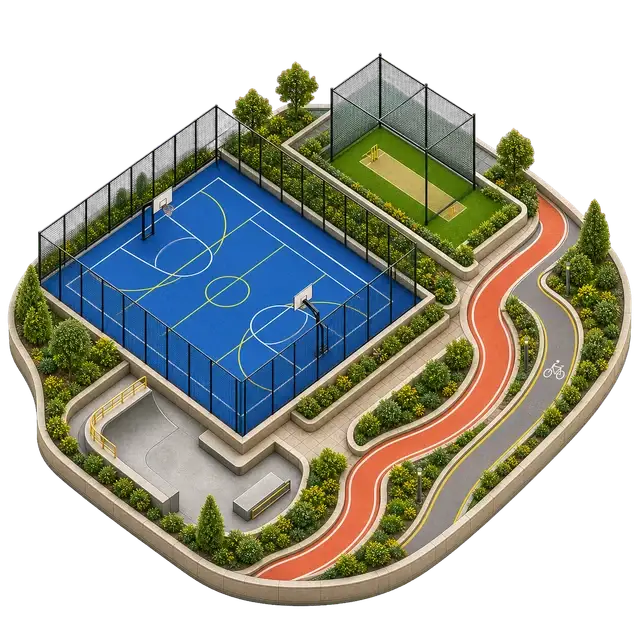 Isometric outdoor sports court with movement track, exercise zones and planted boundaries