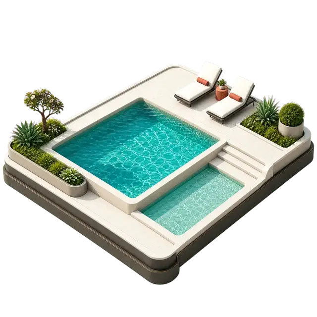 Isometric swimming pool with a shallow leisure edge, deck seating and planted surroundings