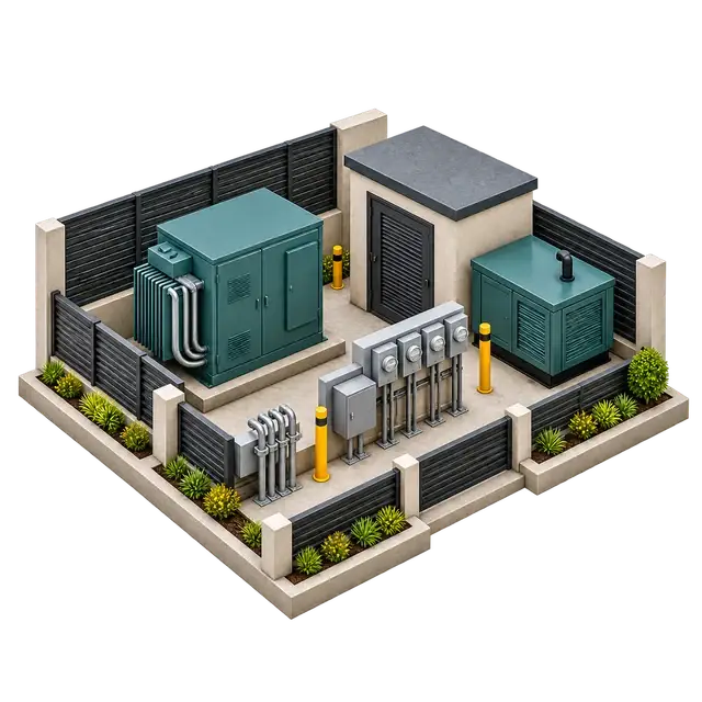 Isometric residential utility zone with water, power and waste-management equipment arranged behind landscape screening