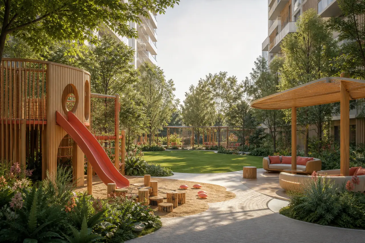 Conceptual family garden with shaded play elements