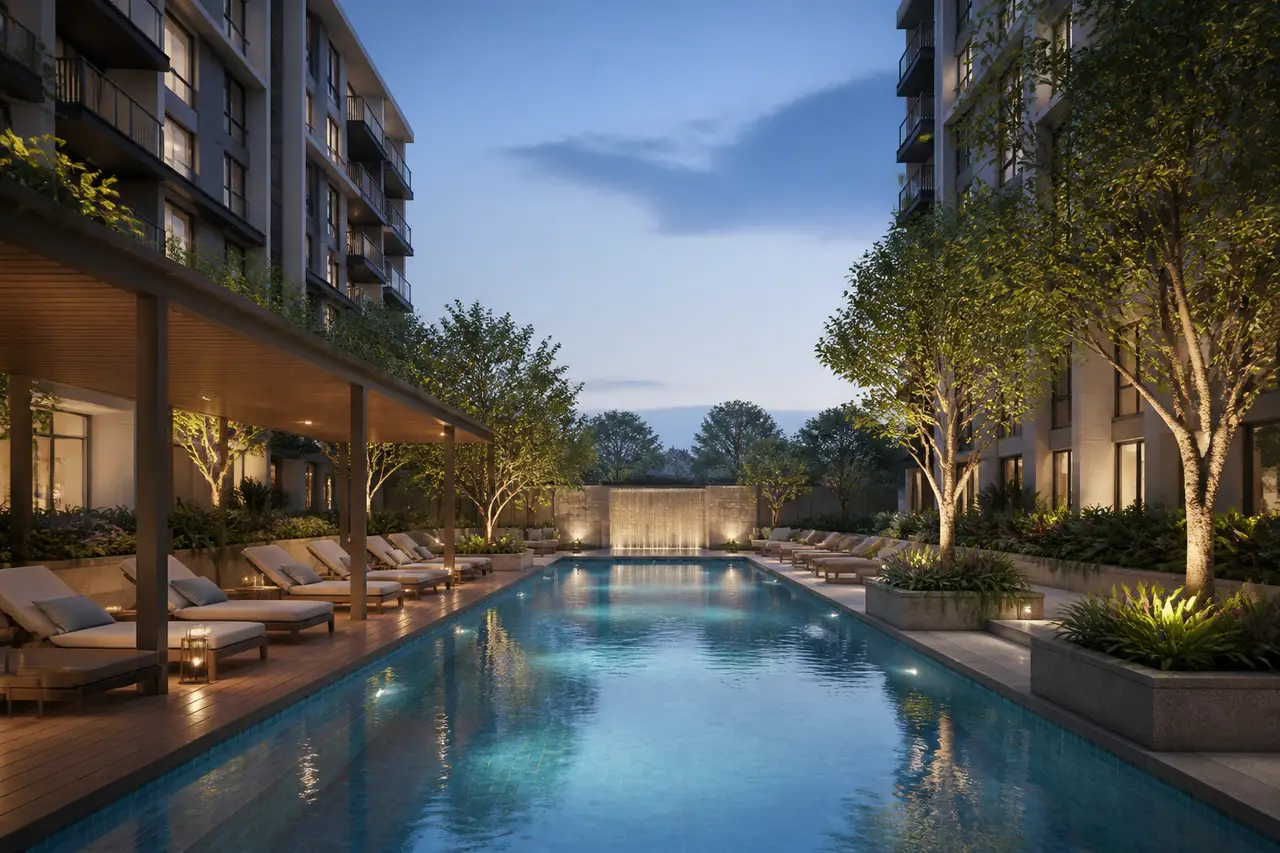 Conceptual pool deck within a landscaped residential setting
