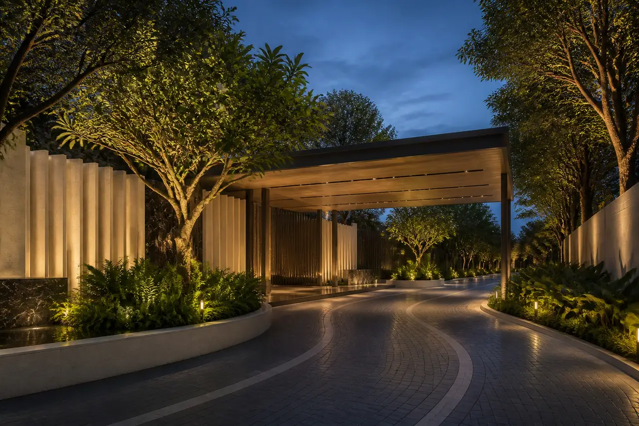 Conceptual landscaped residential arrival court at dusk