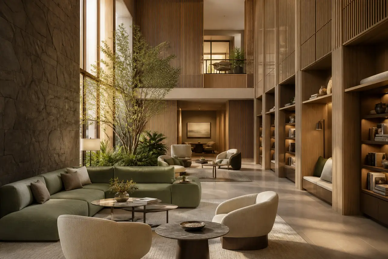 Conceptual shared lounge opening to a garden