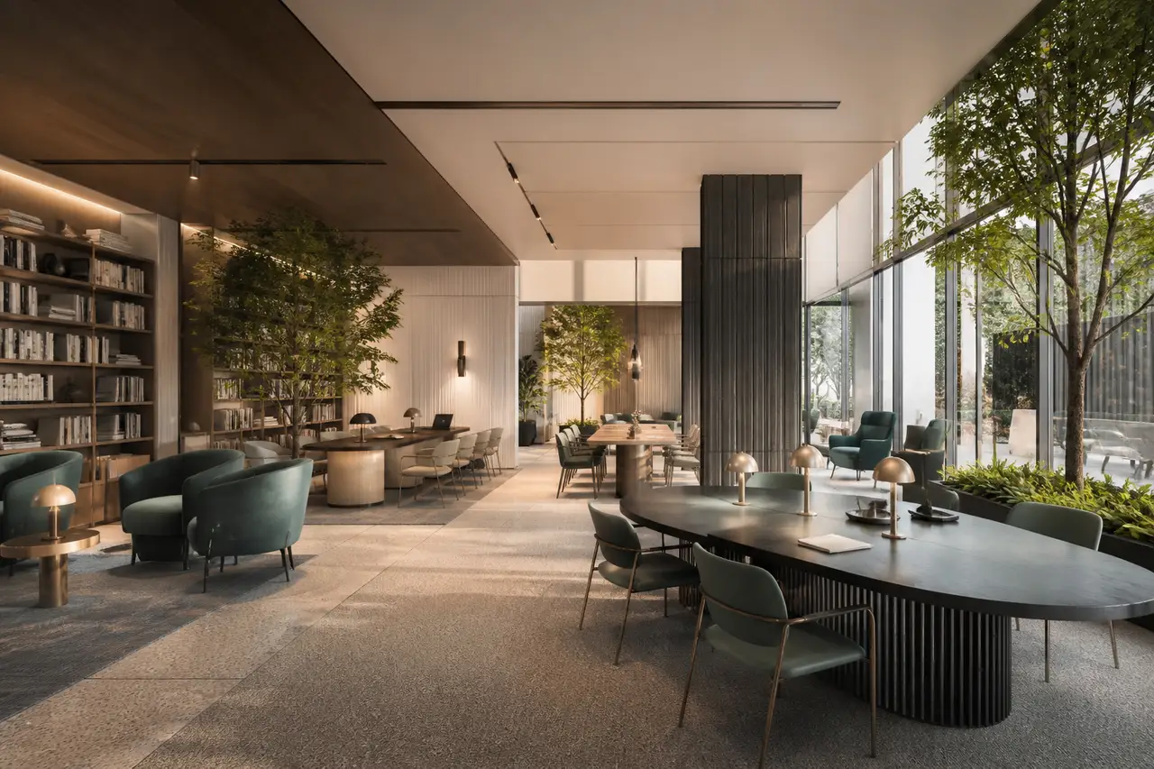 Conceptual shared work lounge overlooking greenery